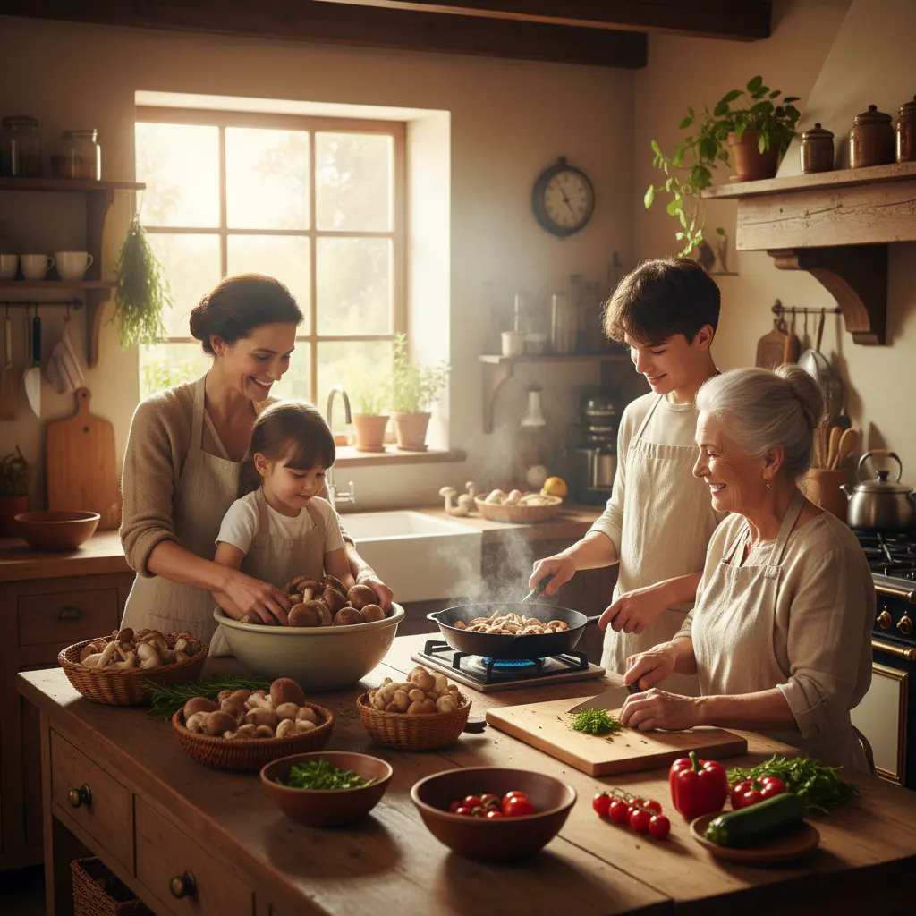 Familia cocinando felices con champiñones frescos